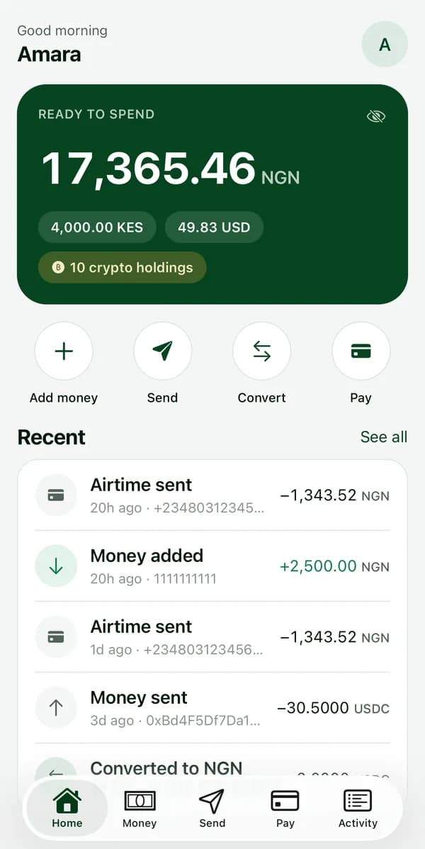 The LeilPay home screen: balance, add money, send, convert and pay