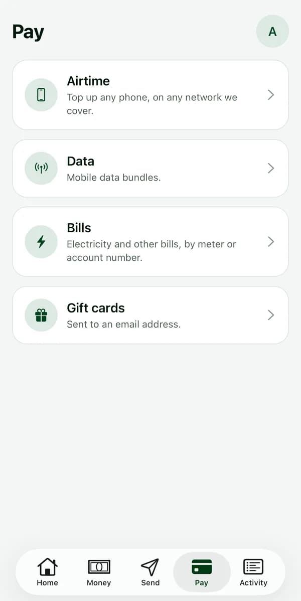 Pay: airtime, data, bills and gift cards