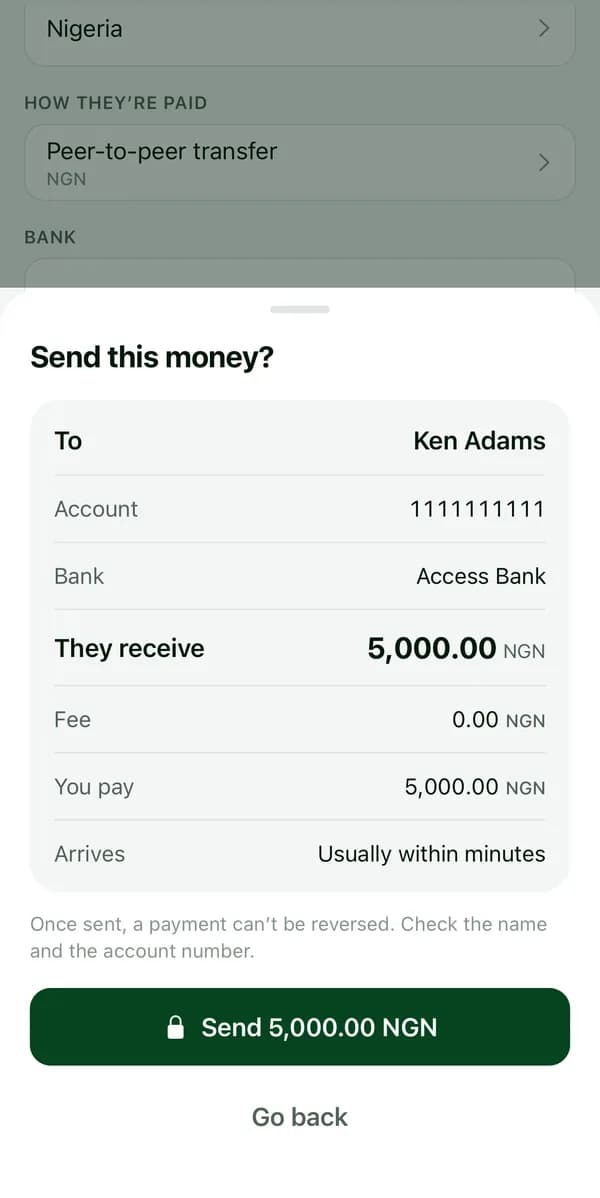 Sending money to a bank: the name is confirmed and the fee shown before you send